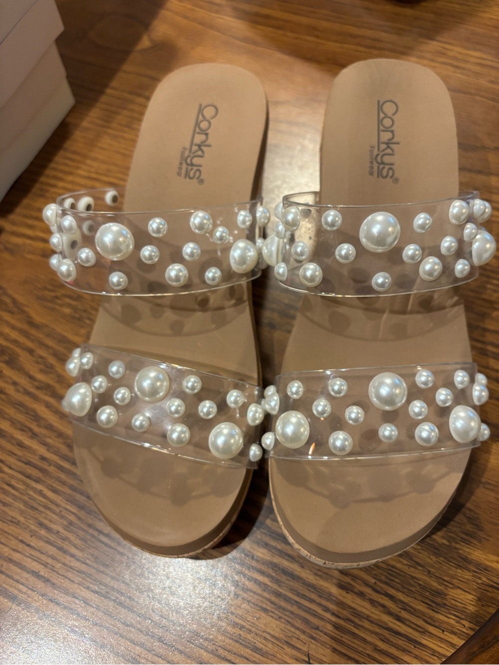 Corkys Pearl-Embellished Clear Wedge Sandals - Nude